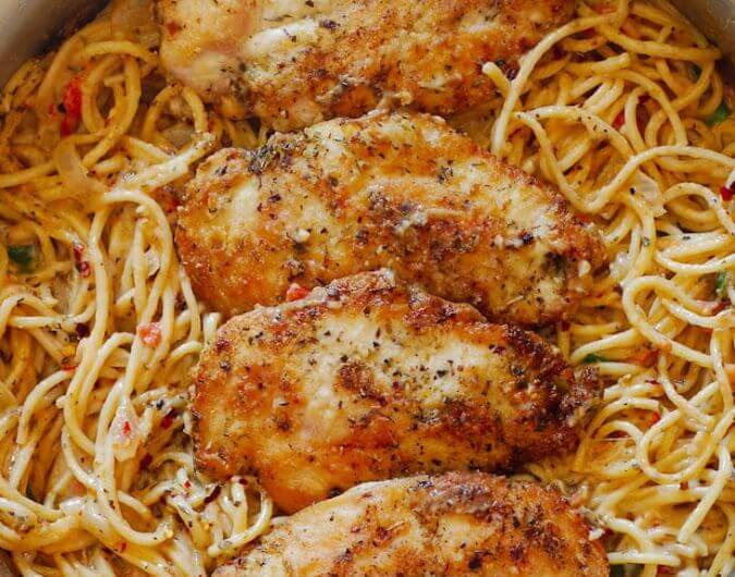 Chicken Breasts with Pasta in Creamy White Wine Parmesan Cheese Sauce