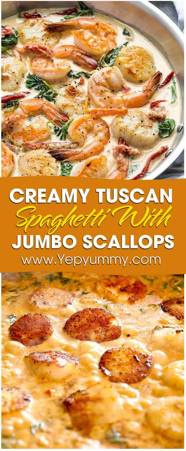 Creamy Tuscan Spaghetti with Jumbo Scallops