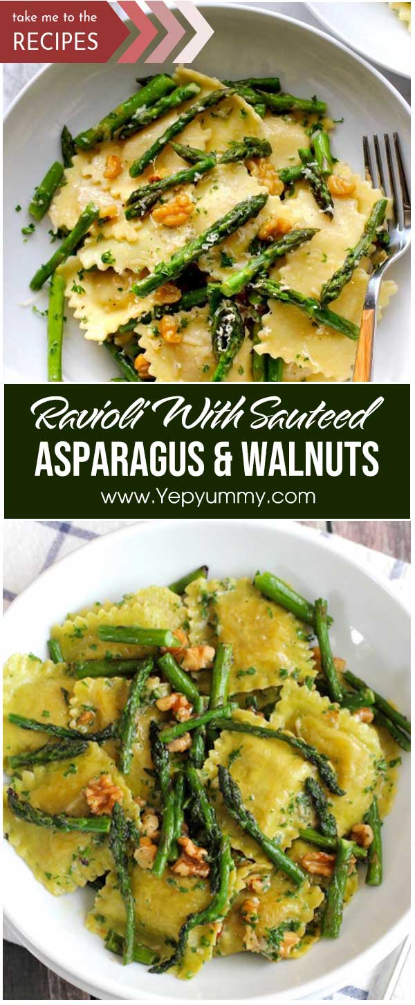 Ravioli with sauteed asparagus and walnuts