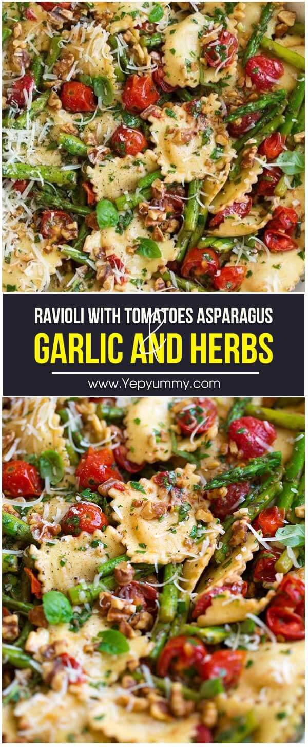 Ravioli with Tomatoes Asparagus Garlic and Herbs