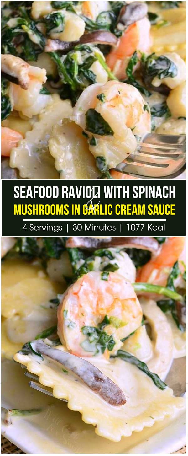 Seafood Ravioli with Spinach and Mushrooms in Garlic Cream Sauce