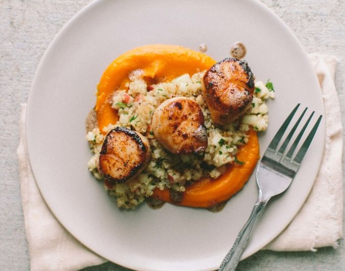 Seared Scallops with Quinoa and Apple Salad  and Butternut Squash Puree