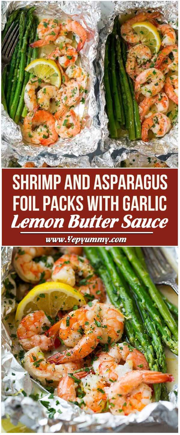 Shrimp and Asparagus Foil Packs with Garlic Lemon Butter Sauce